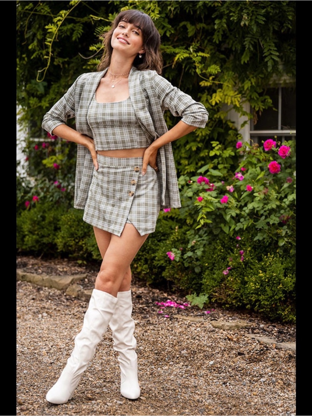 Altar'd State Womens Sage Green Asymmetrical Plaid Mini Skort Skirt Buttons Jr S